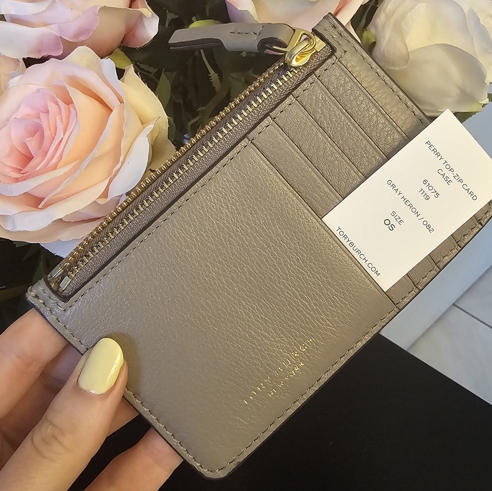 Tory Burch Gray Card & Key Holder with Gold Hardware